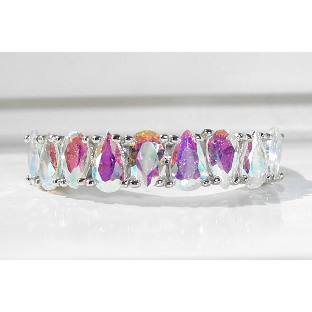 925 STERLING SILVER Aurora Borealis Cubic Zirconia Band Ring - Picture 4 of 16